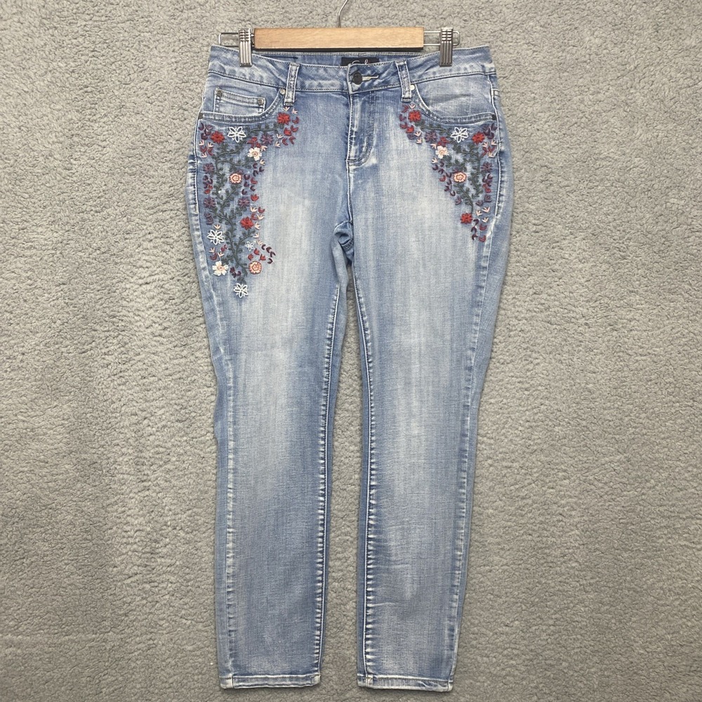 Earl Jeans Women 8P Blue Denim Light Low Skinny Ankle Floral Embroidered Art